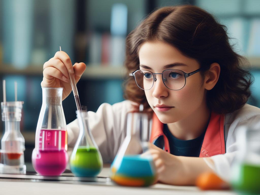 A close-up shot of a young student conducting a chemical experiment in a laboratory setting. The student is focused on mixing colorful chemicals in a beaker, with an expression of curiosity and excitement. The background features lab equipment and safely arranged materials, reflecting a vibrant and educational atmosphere. The image is rendered in hyper-realistic quality, capturing the details of the student's expression and the colorful reactions happening in the beaker, with a warm and inviting color palet