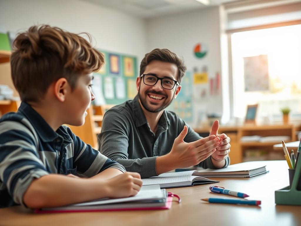 A close-up shot of a teacher and a student engaged in a discussion at a table, with notebooks and pens on the table. The classroom has a bright atmosphere, showcasing educational materials in the background. The focus is on the teacher explaining a concept, with a warm smile. Hyper-realistic, taken with a 45mm f/1.2 lens.