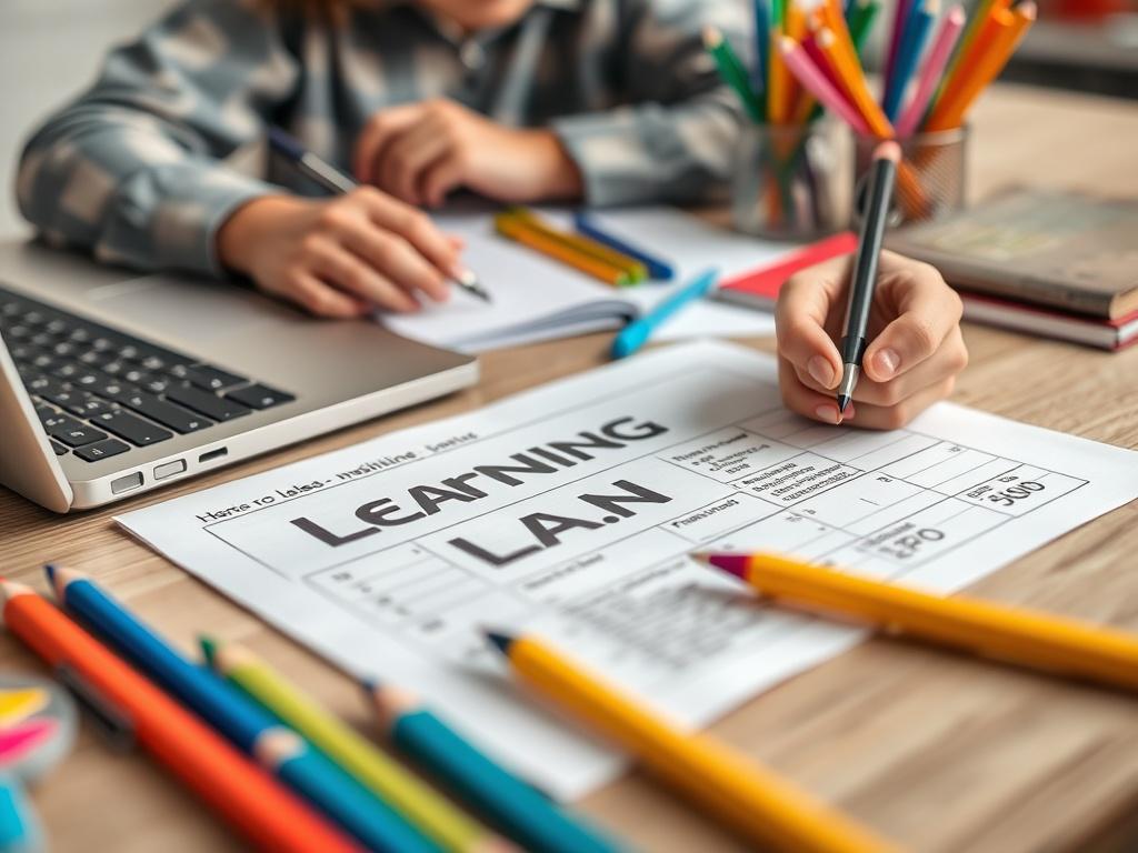A close-up image of a learning plan on a desk, surrounded by colorful stationery and a laptop. The scene captures vibrant educational materials, with a focused student writing notes in a notebook. The background is softly blurred, emphasizing the learning plan. Hyper-realistic, taken with a 45mm f/1.2 lens.