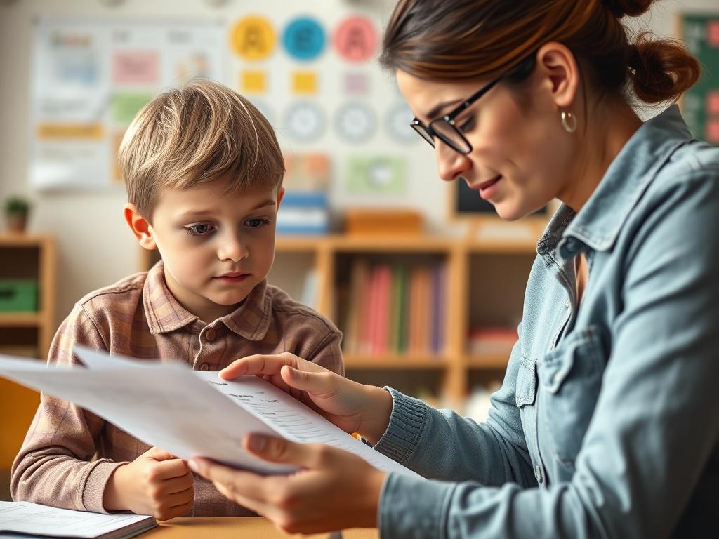 A close-up shot of a teacher reviewing a student's progress report in a cozy classroom setting. The student looks curious and engaged, while the teacher points at specific areas of improvement on the report. The background is filled with educational materials, creating a supportive atmosphere. Hyper-realistic, taken with a 45mm f/1.2 lens.