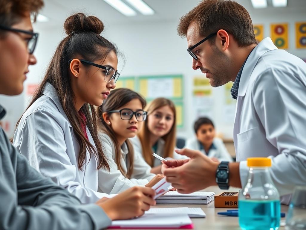 A close-up shot of a teacher demonstrating a science experiment to a group of attentive students. The classroom is bright, with science equipment and colorful posters on the walls. Students are engaged and taking notes, with expressions of curiosity. Hyper-realistic, taken with a 45mm f/1.2 lens.
