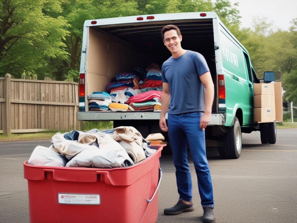 A close-up shot of a team member from Westside Junk Solutions loading gently used clothing and household items into a truck for donation pickup. The background should be a bright and inviting neighborhood street, showcasing a well-kept house and greenery. The team member should be smiling, wearing a branded uniform, and demonstrating a caring attitude towards the items being collected. The lighting should be warm and natural to evoke a sense of community and generosity.