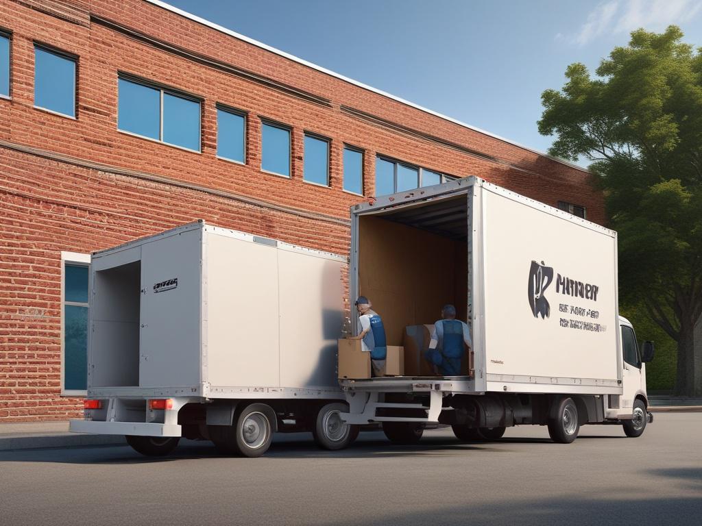 A close-up shot of a professional mover carefully loading a large piece of furniture into a spacious, clean moving truck. The mover is wearing a uniform with the company logo, showcasing a friendly smile. The background features a suburban home with a well-maintained yard, emphasizing a sense of community. The image should have a soft focus, capturing the professionalism and care taken during the hauling process, with a color palette that includes the vibrant green shade of rgb(50, 170, 39).