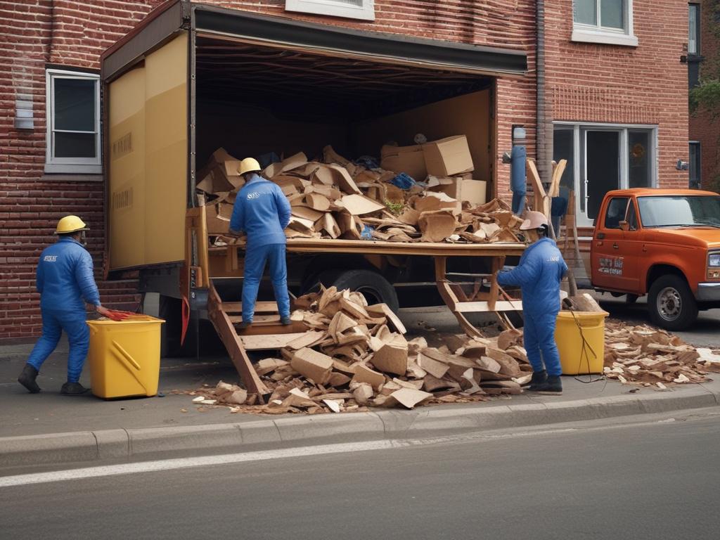 A hyper-realistic close-up shot of a professional junk removal team in action, lifting heavy furniture and debris into a truck. The background features a clean and organized area, showcasing a contrast between clutter and a tidy space. The team members wear branded uniforms, displaying a sense of teamwork and efficiency. The lighting highlights their focused expressions and the vibrant green color rgb(50, 170, 39) is subtly integrated into the truck and uniforms.