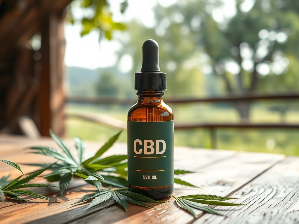 A serene, rustic setting showcasing a bottle of CBD oil