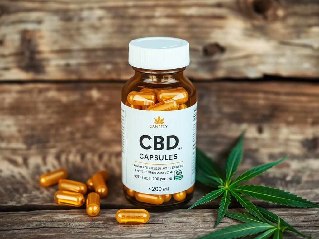A clean, high resolution of a bottle of CBD capsules