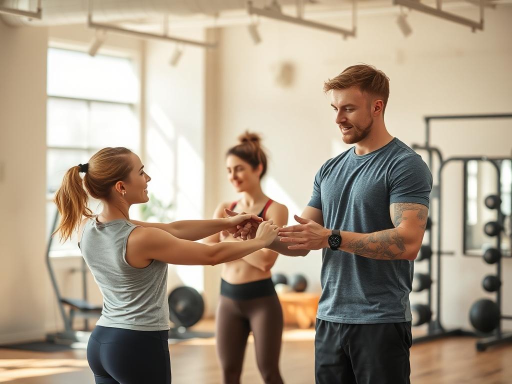 A high-resolution photo of a fitness assessment session, featuring a personal trainer guiding a client through initial exercises in a bright and airy gym. The background should include fitness equipment and natural lighting, with earthy textures to create a warm and welcoming atmosphere.