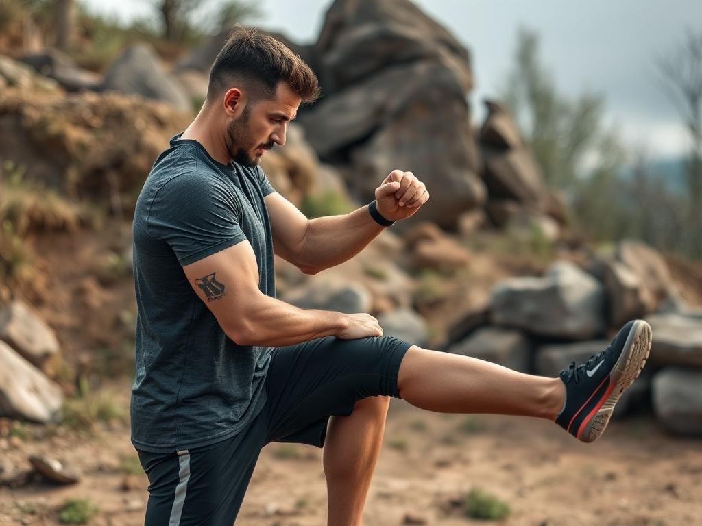A high-resolution photo of a personal trainer working one-on-one with a client in an outdoor setting, demonstrating advanced training techniques. The scene should capture the essence of motivation and dedication, with natural surroundings and a rustic feel.