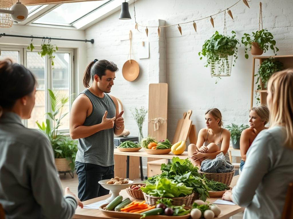 A high-resolution photo showcasing a personal trainer conducting a nutrition workshop with engaged participants. The environment should be bright and inviting, with natural elements and healthy food displays, emphasizing a clean and green aesthetic.