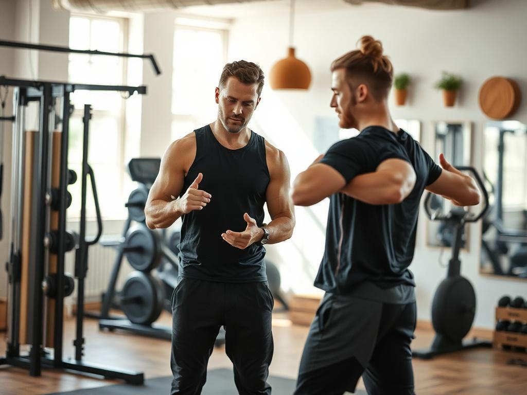 A focused personal trainer in a modern gym environment, demonstrating