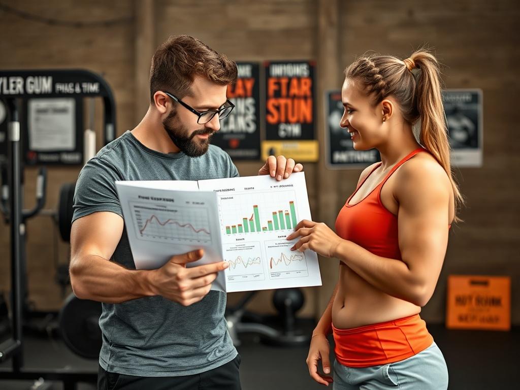 A personal trainer reviewing progress charts with a client in