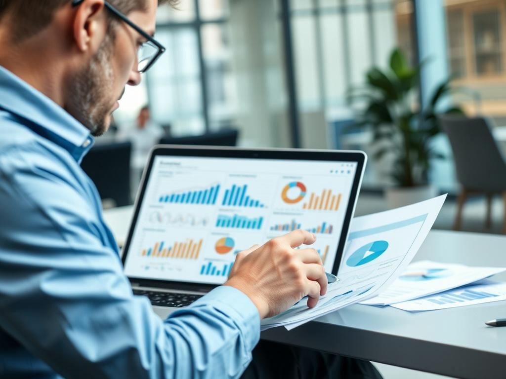 A professional consultant reviewing compliance documents in an office setting, with focus on a laptop showing compliance charts and reports. The background should be a modern office space, ensuring the subject is clear and well-lit.