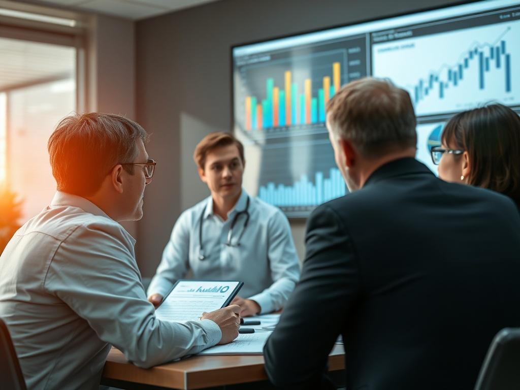 A close-up of a risk assessment meeting, featuring professionals discussing strategies with charts and graphs on a screen behind them. The setting should convey a serious yet collaborative atmosphere.