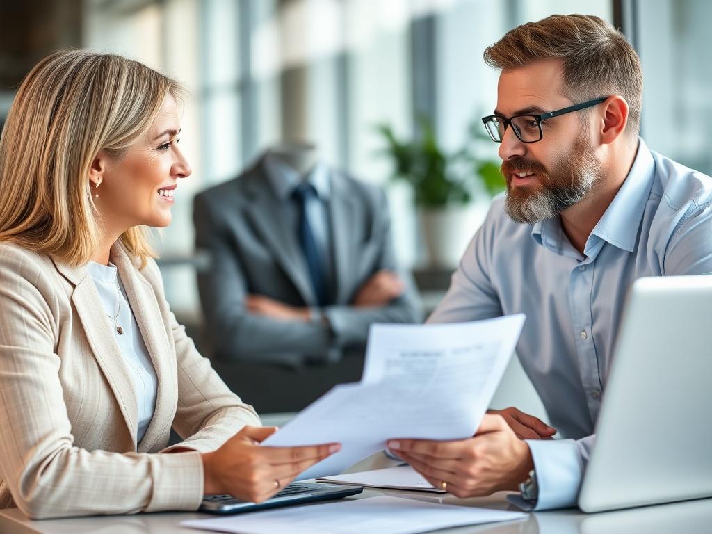 A consultant providing advice to a business owner, showcasing a collaborative discussion with documents and a laptop involved. The background should reflect a professional environment.