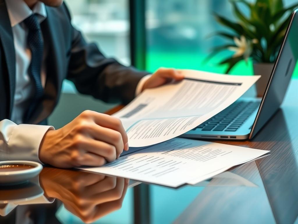 A professional setting with a close-up of a business person reviewing risk assessment documents on a modern desk. The desk should have a laptop and a cup of coffee, with a subtle green hue (rgb(50, 170, 39)) in the background, symbolizing growth and trust in compliance.