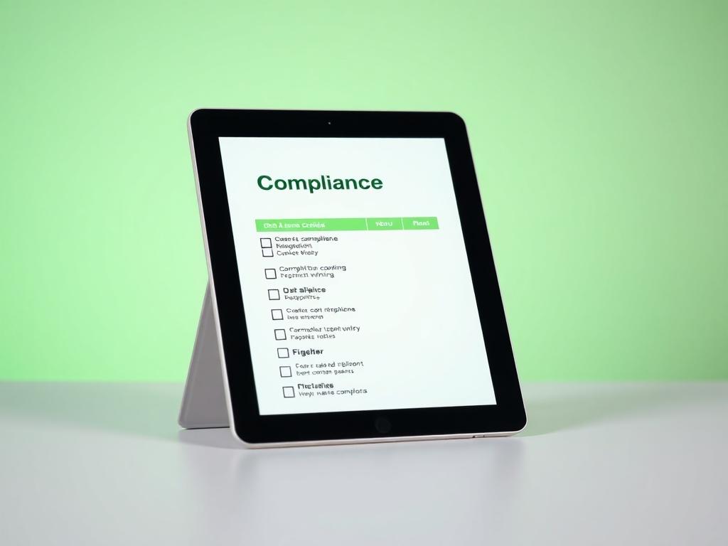 A simple, clean layout featuring a digital tablet displaying a compliance checklist on the screen. The background should be a soft gradient, emphasizing the green color (rgb(50, 170, 39)). The focus should be on the tablet, capturing the details of the checklist vividly, highlighting the importance of compliance in a business setting.