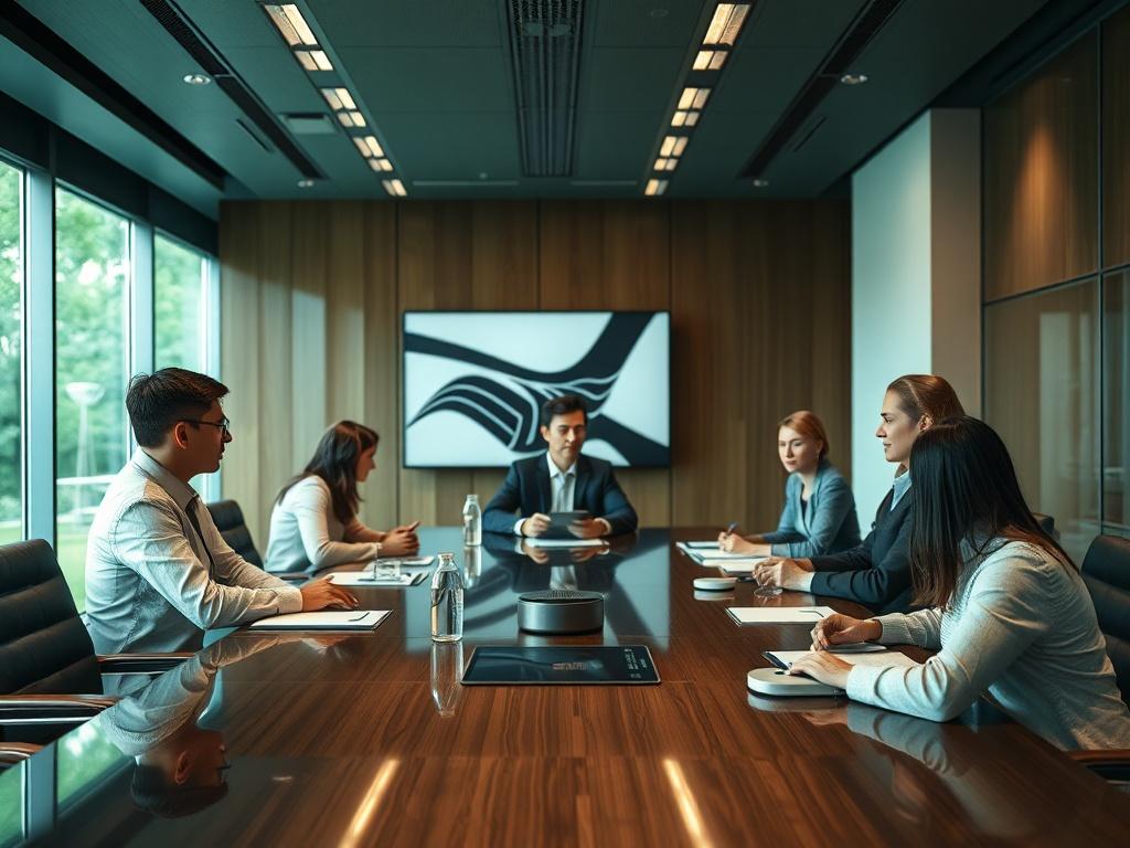 An executive boardroom with a large table and a team engaged in a discussion over compliance strategies. The room should feature modern decor with a hint of green (rgb(50, 170, 39)), showcasing collaboration and strategic planning in compliance.