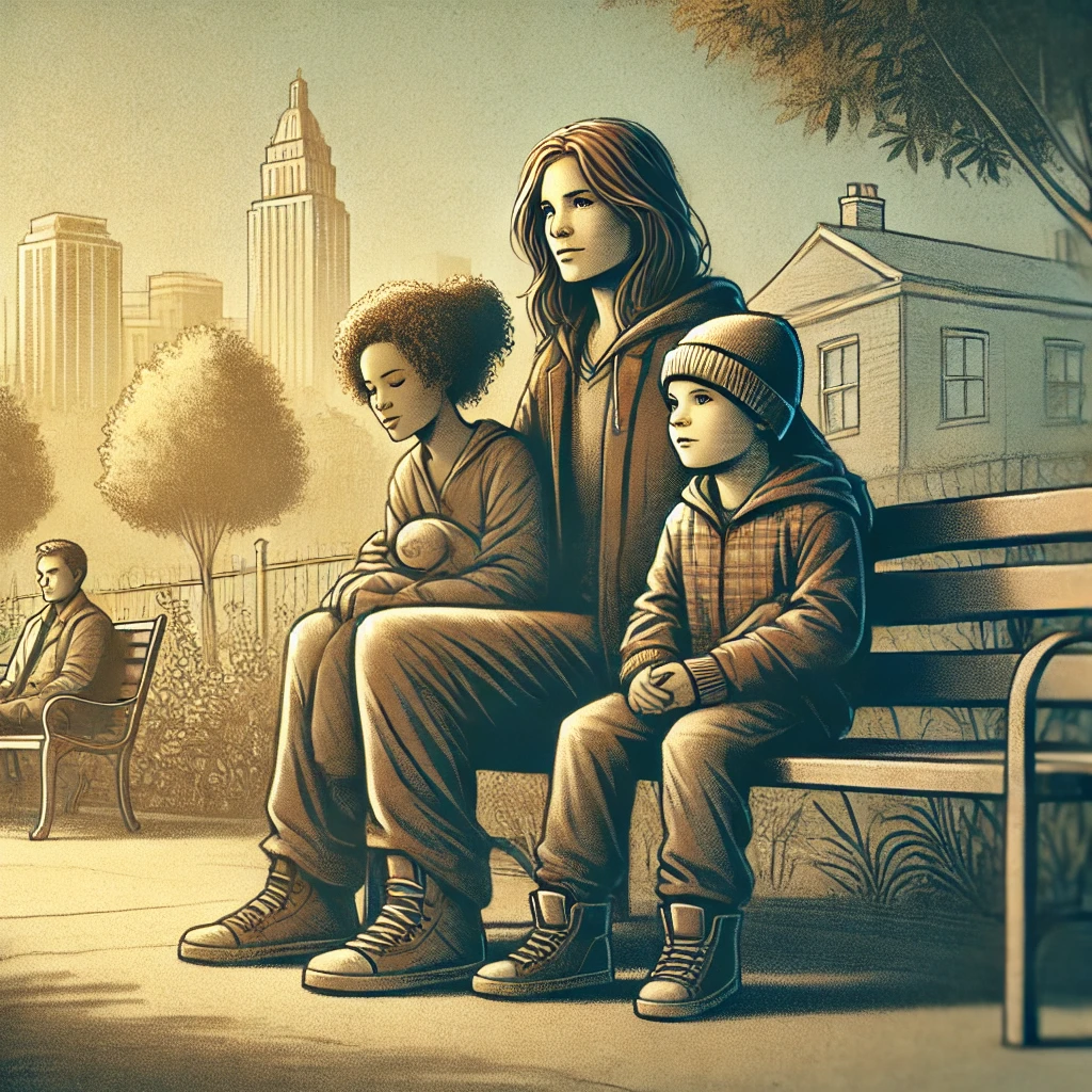 dall·e 2024-11-27 08.55.37 - a digital illustration of a homeless mother with her two children, a family of color, sitting together on a bench in a modest urban park setting. the .webp