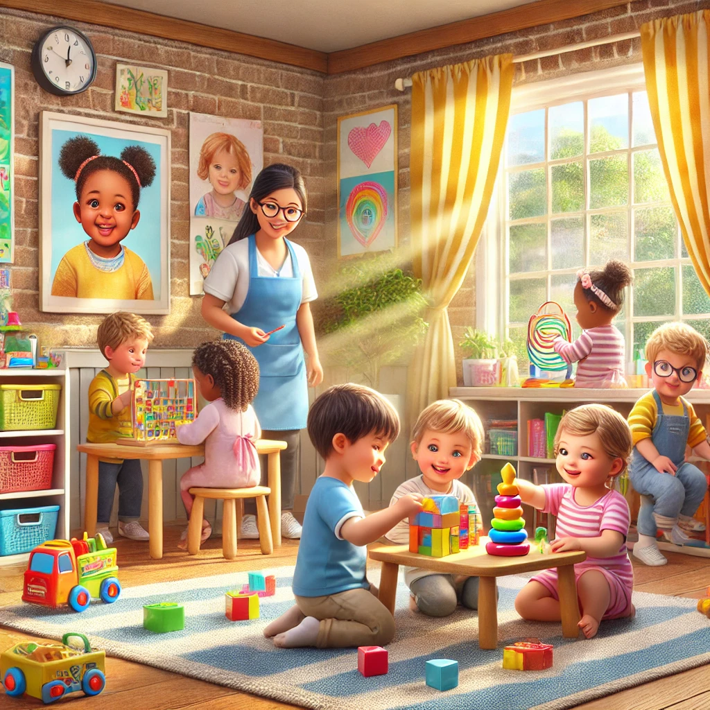 dall·e 2024-11-27 08.58.42 - a cheerful digital illustration of children from diverse ethnic backgrounds playing together in an in-home daycare setting. the room is cozy and brigh.webp