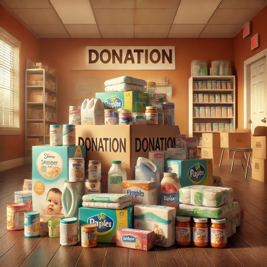 dall·e 2024-11-27 08.59.50 - a detailed digital illustration of a donation pile consisting of supplies for families, including diapers, baby wipes, formula containers, and baby fo.webp