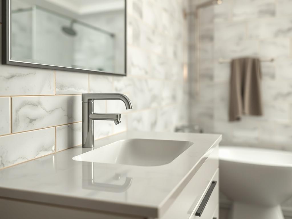 Create a hyper-realistic close-up shot of a stylish yet poorly executed bathroom renovation scene that highlights common mistakes. The primary subject should be a modern bathroom vanity, featuring an unprofessional installation with visible gaps between the countertop and the wall, misaligned tiles, and mismatched fixtures that are poorly aligned. 

The background should be a blurred view of the rest of the bathroom, subtly emphasizing the contrast between an otherwise well-designed space and the specific r