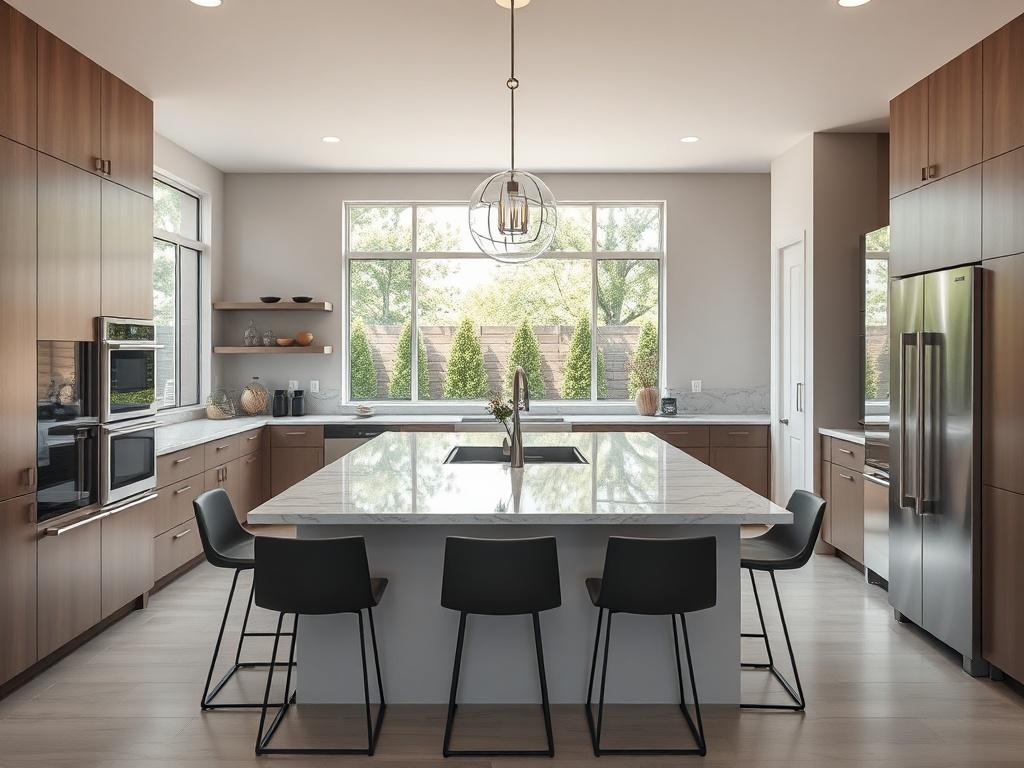 Create a realistic high-resolution image of a modern kitchen renovation that showcases a popular trending design among local homeowners in Durham, NC, in 2025. The composition should feature a sleek kitchen island at the center, with elegant marble countertops and stylish barstools, emphasizing a clean and contemporary look. Include stainless steel appliances that add a touch of sophistication and warmth. 

In the background, incorporate soft natural lighting streaming in through large windows, highlighting