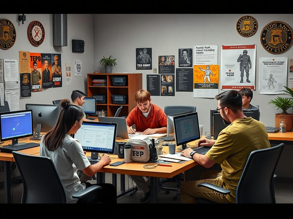 A creative workshop scene with participants actively working on computers