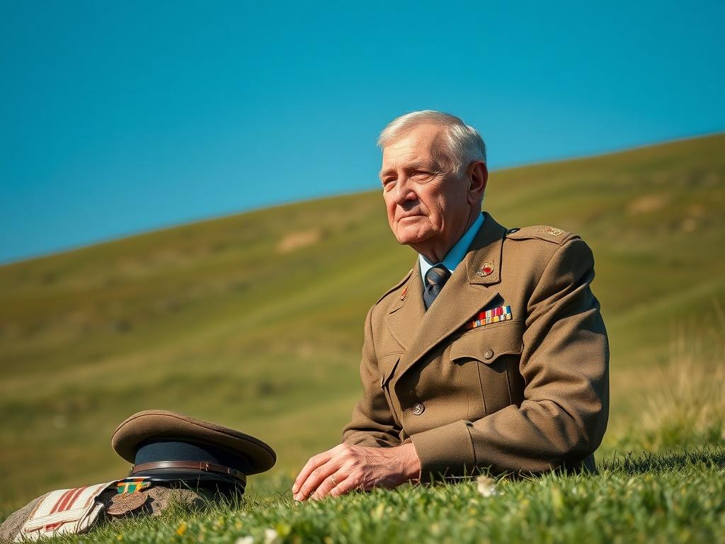Create a realistic high-resolution photo that captures the essence of a blog titled "The Legacy of Uncle Ted." The image should feature a single, central subject: a distinguished elderly man, symbolizing Uncle Ted, dressed in a vintage military uniform that reflects his service in the Parachute Regiment. He should have a thoughtful expression, gazing slightly off to the side, as if contemplating his life and experiences.

The background should be a serene outdoor setting, such as a gently rolling green hill