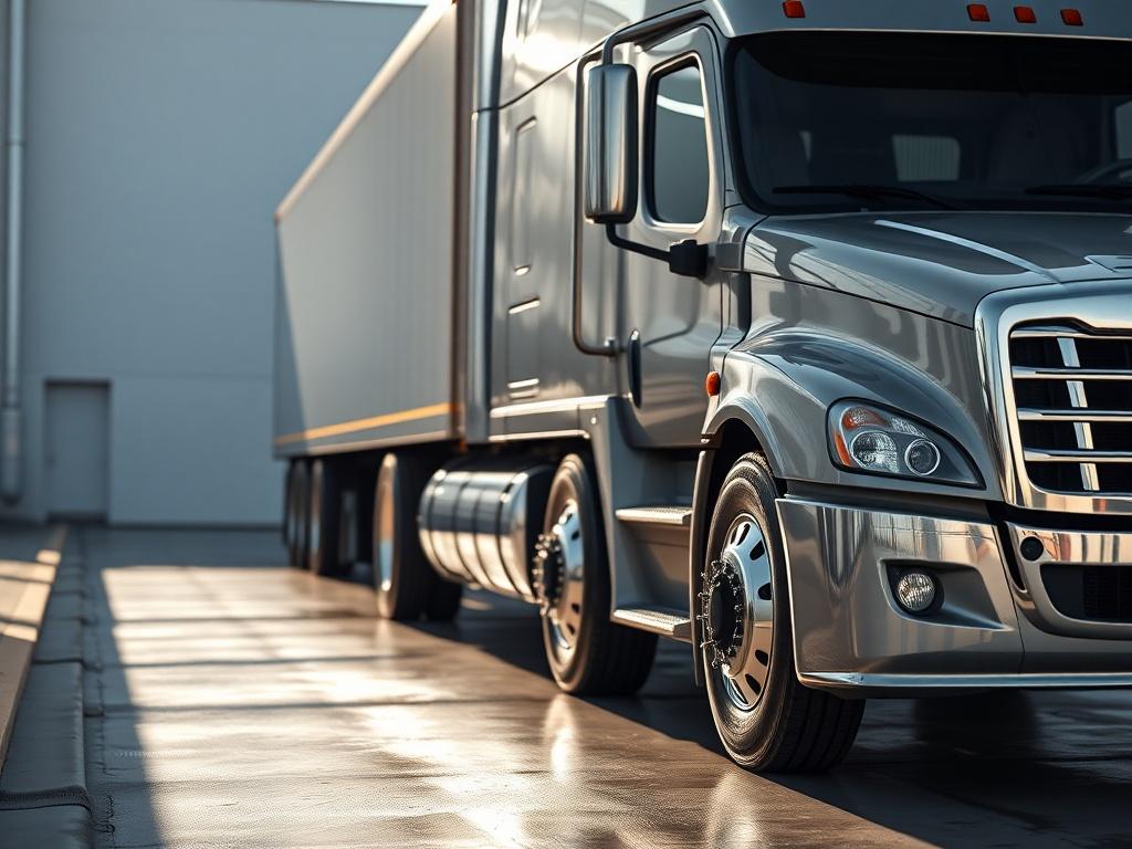 A close-up shot of a shiny, freshly washed fleet truck parked in a clean, well-lit environment. The truck should be the sole subject in the image, showcasing its gleaming surface reflecting sunlight. The background should be simple and unobtrusive, emphasizing the truck's cleanliness and shine. The image should have realistic high-resolution quality, captured with a 45mm f/1.2 lens, and compatible with the #C31755 primary color.