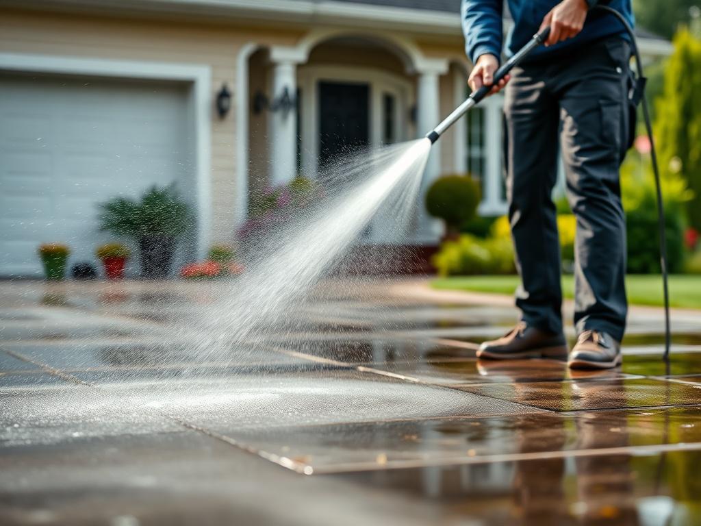A close up shot of a residential pressure washing scene,