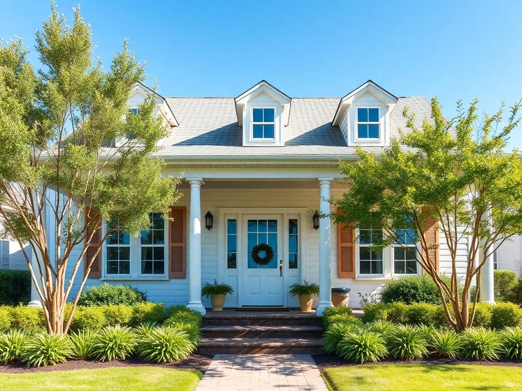 A bright and inviting exterior of a Southern-style home, showcasing a freshly cleaned façade with vibrant greenery and light-colored accents. The background features a clear blue sky, emphasizing the cleanliness and charm of the property. The composition should highlight the house as the main subject, with soft, light colors to create a warm, welcoming atmosphere. The image should evoke a sense of pride in homeownership and the beauty of well-maintained exteriors.