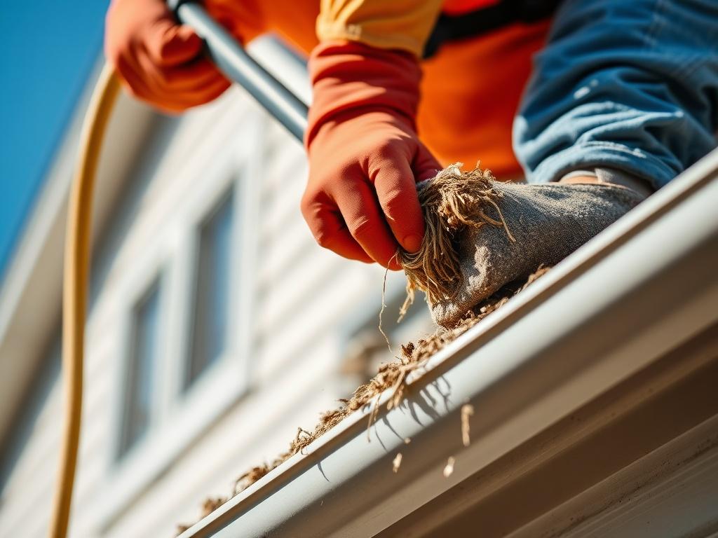 A close-up shot of a worker cleaning gutters, showcasing the removal of debris. The background includes a clear blue sky and part of the house, emphasizing the importance of maintaining clean gutters.