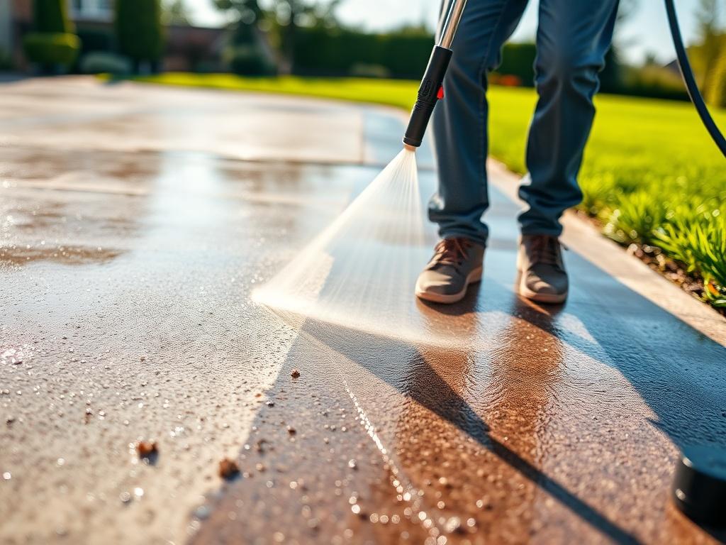 A close-up shot of a driveway being cleaned with a high-pressure washer, highlighting the contrast between the dirty and clean sections. The background features a well-maintained lawn and a bright sky, showcasing the effectiveness of the cleaning.