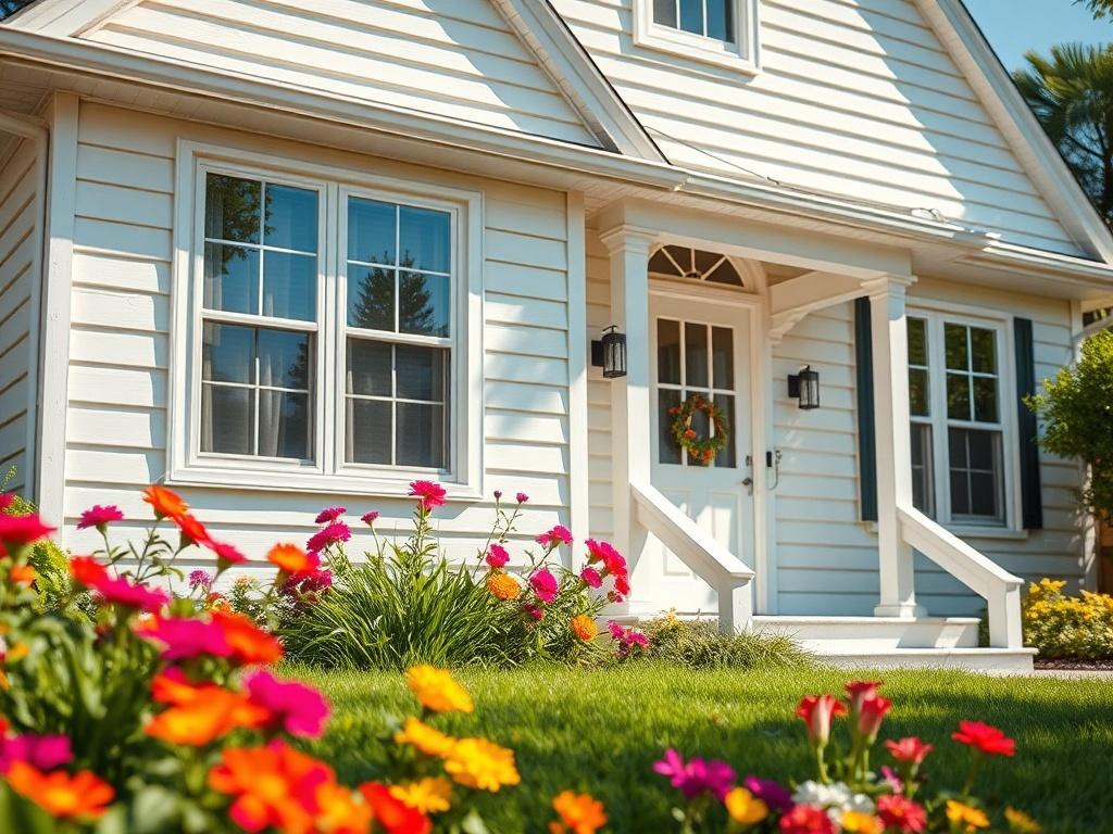 A vivid high-resolution image of a beautifully washed house, showcasing its clean siding and gleaming windows. The house should be surrounded by a lush green lawn and colorful flowers, with sunlight illuminating its facade. The image should be focused on the house, capturing the details of the clean surfaces and the bright colors.