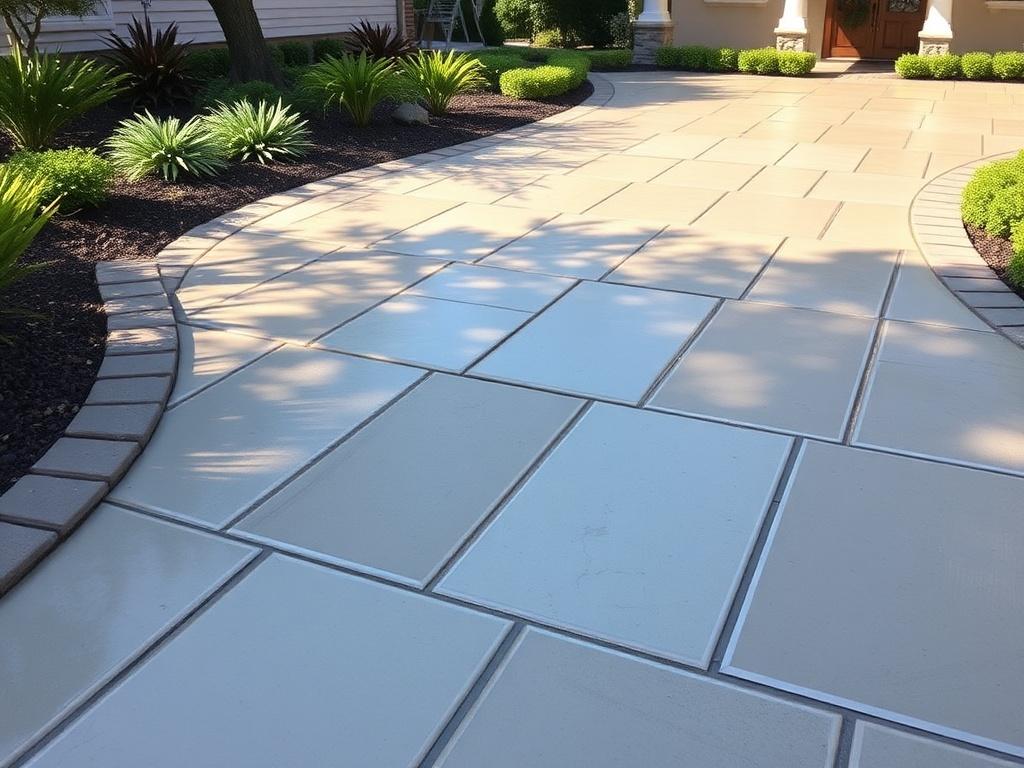 A high-resolution image of a freshly cleaned driveway, with bright and clear concrete or paver stones. The driveway should be free of stains or debris, showcasing its renewed appearance. The image should include a portion of the surrounding landscaping, emphasizing the driveway's integration with the home environment.