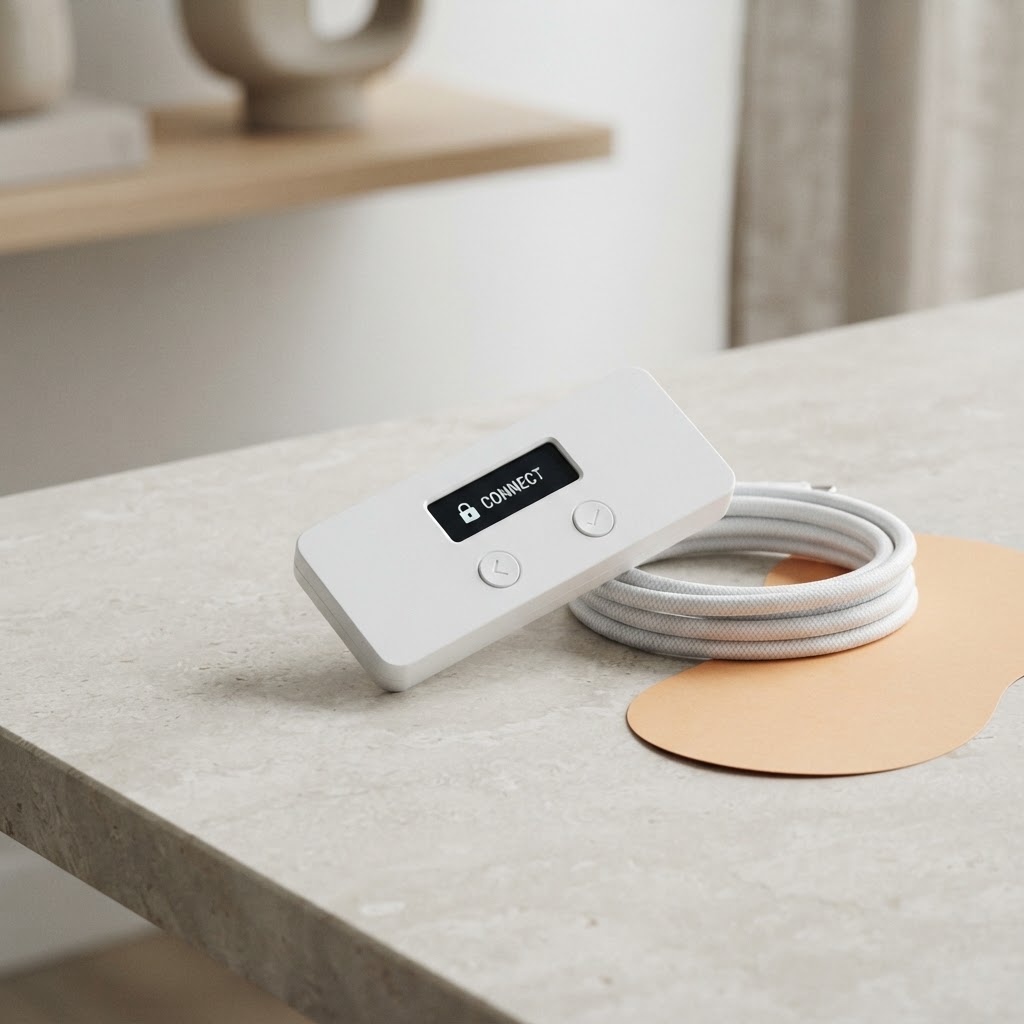 A white hardware wallet and USB-C cable, ready to be set up