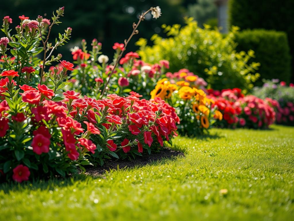 A hyper-realistic close-up shot of a beautifully landscaped garden featuring vibrant flowers, lush greenery, and a well-maintained lawn. The focus should be on the intricate details of the flowers and leaves, with soft natural lighting enhancing the colors. The background should be blurred to emphasize the foreground, creating a serene and inviting atmosphere, shot with a 45mm f/1.2 lens.