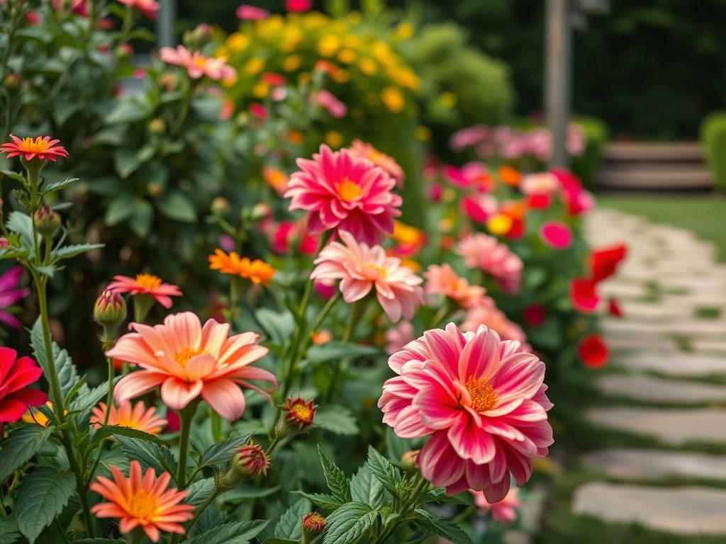 A realistic high-resolution photo of a well-maintained garden featuring vibrant flowers and lush greenery, shot in natural daylight. The image should focus on a close-up of the blooming flowers, showcasing their rich colors and textures. The background should be softly blurred, emphasizing the beauty of the plants, with a hint of a pathway or garden features to provide depth.