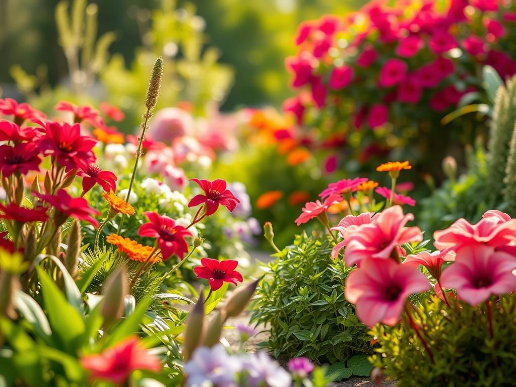 A close-up shot of a beautifully landscaped garden featuring vibrant flowers and lush greenery. The photo should capture the intricate details of the plants, showcasing the colors and textures. The background should be softly blurred to emphasize the foreground, and the lighting should be warm and inviting, creating a serene atmosphere. The composition should focus solely on the garden, highlighting the artistry of landscaping.