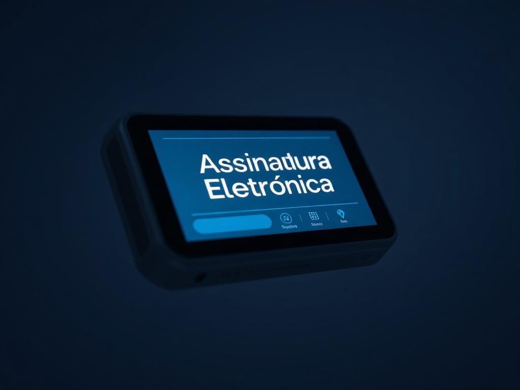 A high-resolution image depicting a close-up of a digital device screen showing a 'Assinatura Eletrônica' interface. The background should be minimalistic, focusing on the device and its smooth operation.