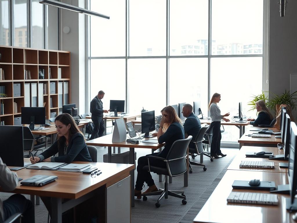 Um escritório de advogados moderno, com mesas elegantes e pessoas em ação. O ambiente é iluminado, com janelas amplas que permitem a entrada de luz natural, criando um clima acolhedor e profissional. As mesas estão organizadas com documentos e tecnologia de ponta. As pessoas estão vestidas de forma profissional, algumas conversando e outras trabalhando em computadores. O fundo é sutil, sem distrações, enfatizando a modernidade e a seriedade do ambiente jurídico.