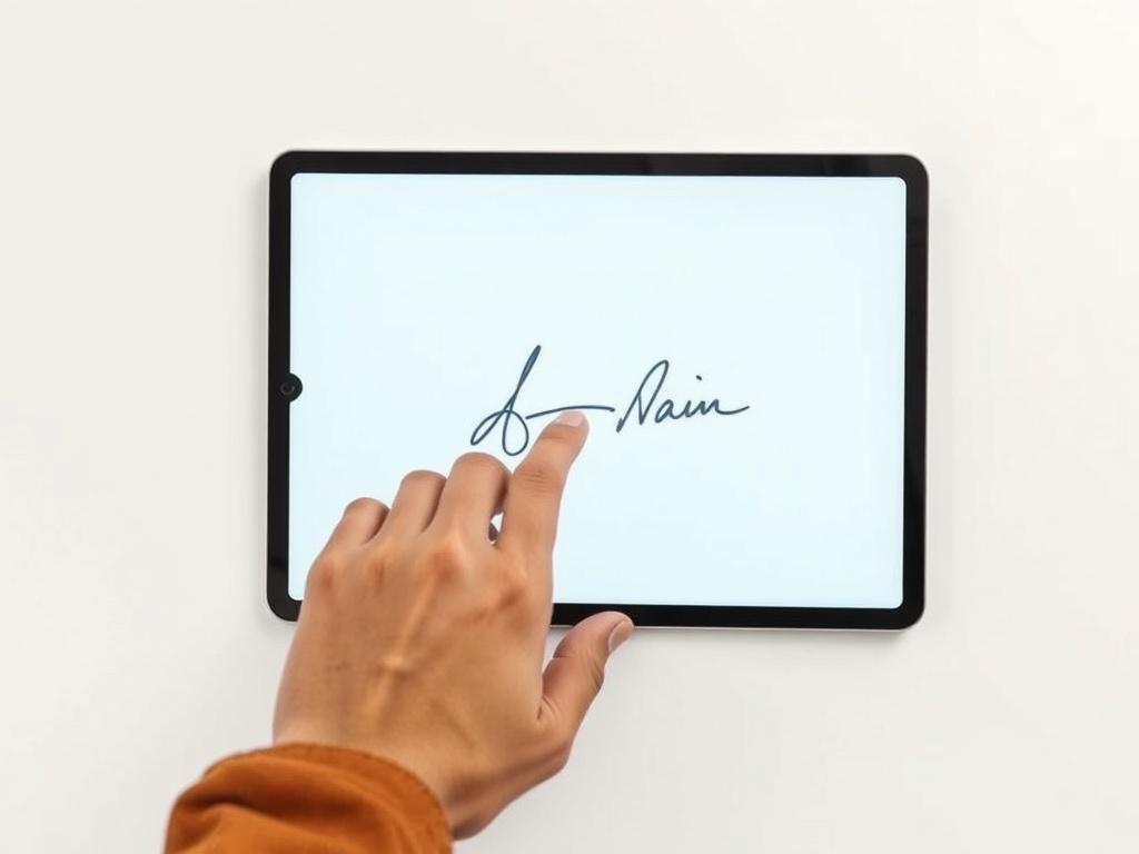 An image depicting a digital tablet displaying a signature interface,