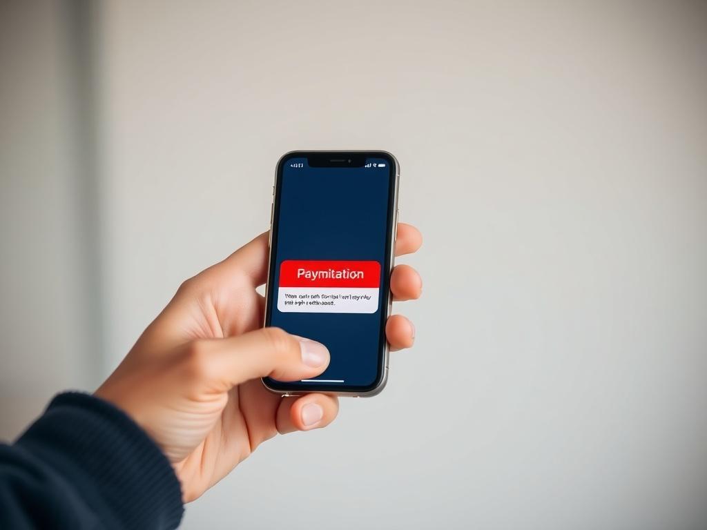 Close-up shot of a person holding a smartphone displaying a confirmation of payment, with a clean and minimalist background. The screen shows a vibrant confirmation message with a checkmark, symbolizing successful payment. The focus should be on the smartphone and the person's hand, capturing the moment of satisfaction and certainty. The image should be high-resolution, realistic, and match the color scheme of rgb(2, 86, 197).