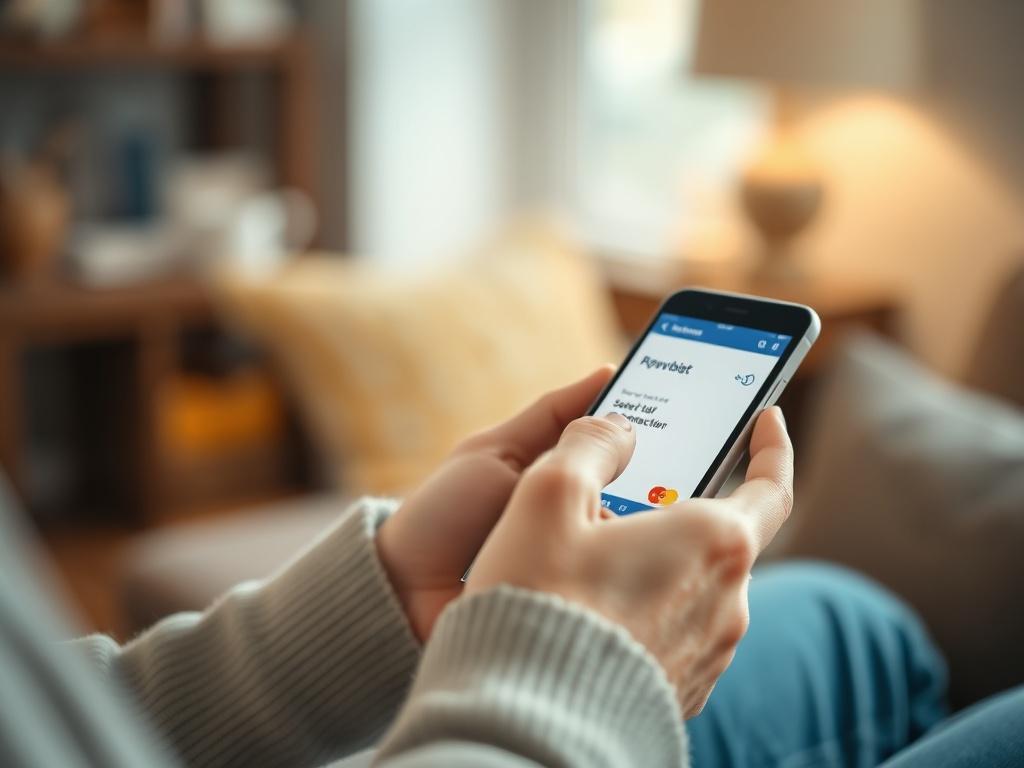 A close-up shot of a person using a smartphone to check a payment confirmation, with a visible digital interface displaying a successful transaction. The background is softly blurred to emphasize the smartphone and the person's hand. The setting is a cozy indoor environment, suggesting trust and security in financial transactions.
