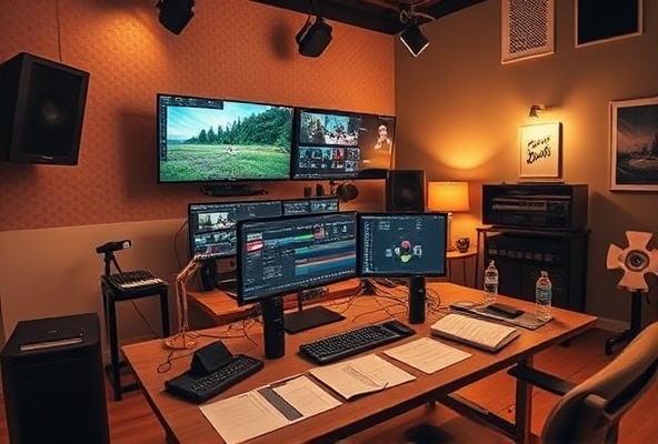 Professional video editing workspace with multiple monitors and color grading setup