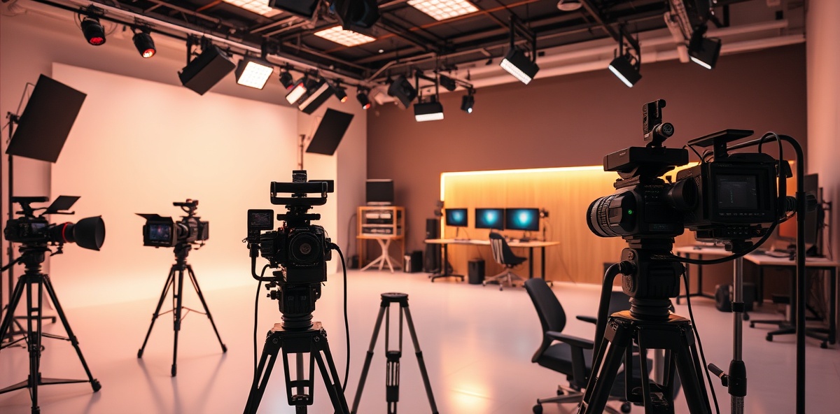 Professional video production studio with professional cameras, lighting, and editing equipment