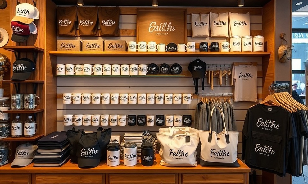 Professional product display of Faith Wave merchandise including branded clothing and accessories