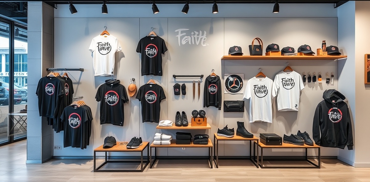 Faith Wave branded merchandise including apparel, t-shirts, hoodies, and accessories