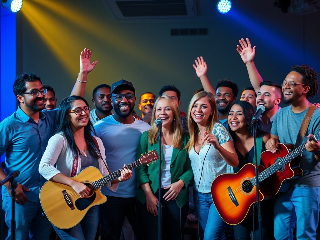 Diverse group of Christian musicians celebrating together representing the Faith Wave artist community and partnership