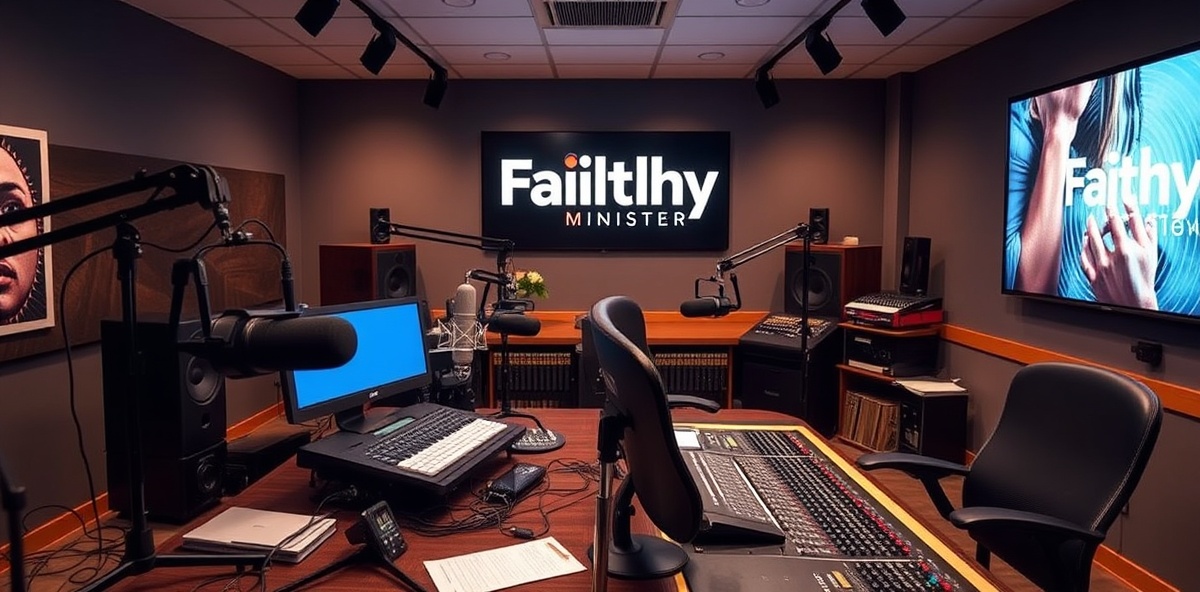 Modern radio broadcasting studio with professional equipment and contemporary ministry environment